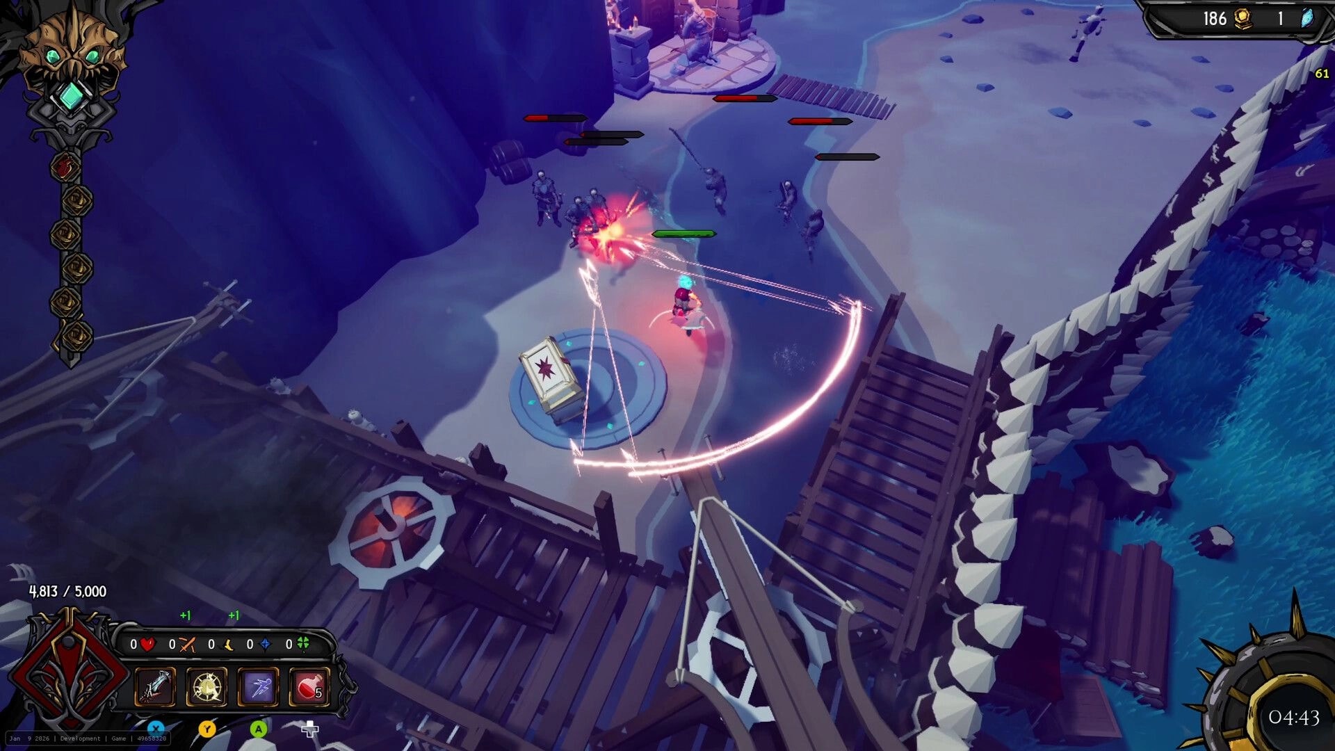 Clockfall: Hero fires arc attack at undead near a chest on icy dock, timer and hotbar visible.