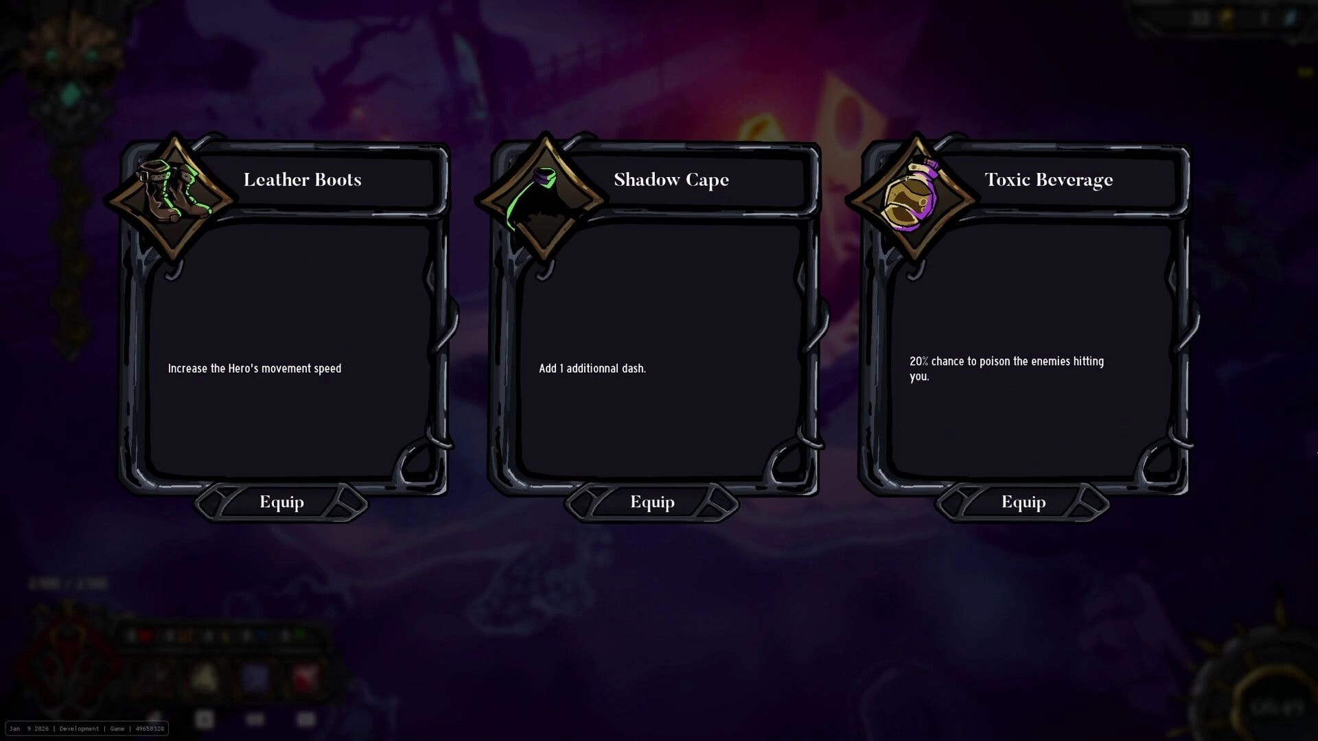 Clockfall: Loot choice menu with Leather Boots, Shadow Cape, Toxic Beverage and Equip buttons.