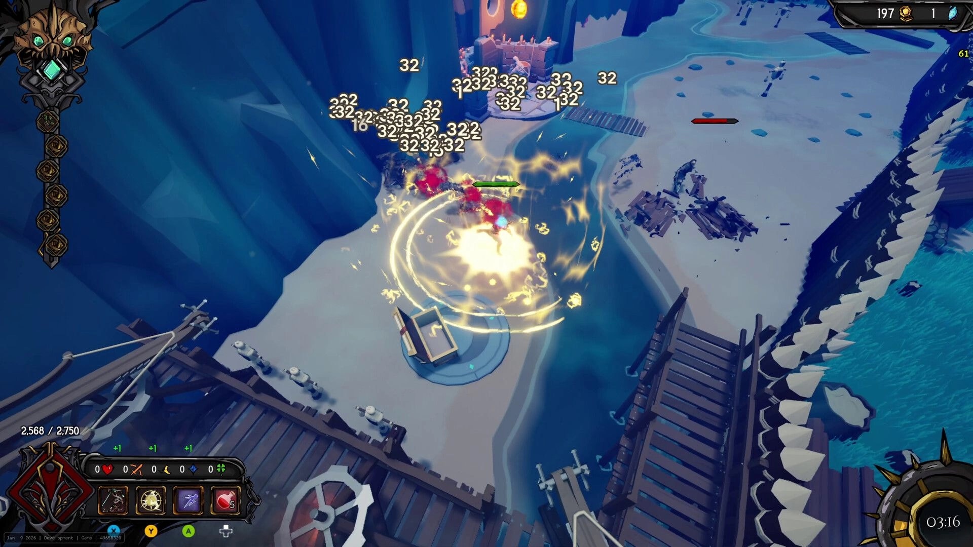 Clockfall: Hero triggers a bright circular blast, damage numbers popping in a snowy cliffside village lane.