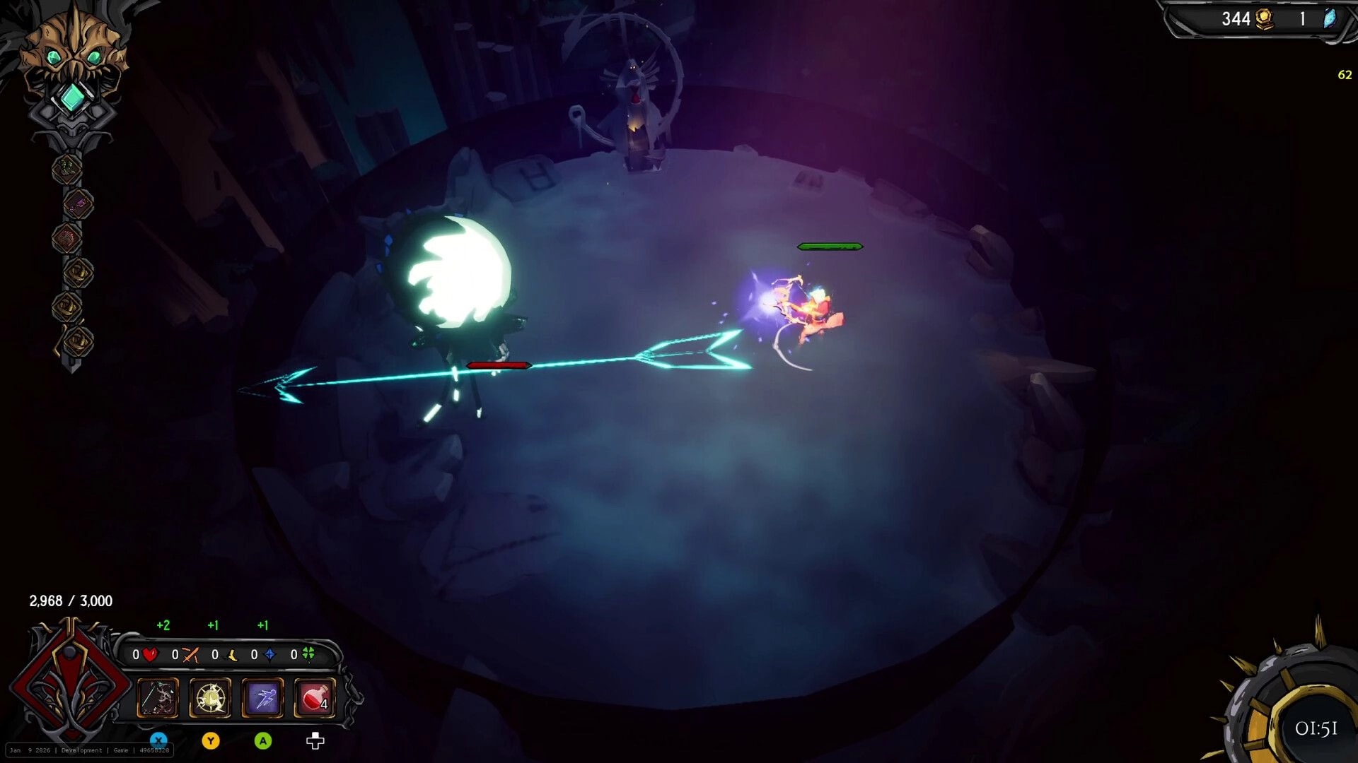 Clockfall: Hero dodges a glowing beam attack in a round arena with ability bar and timer UI visible.