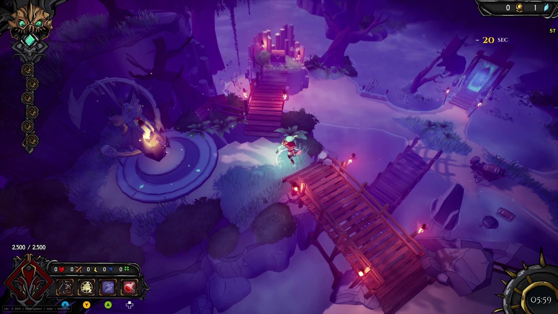 Clockfall: Hero crosses torchlit wooden bridges near a shrine and portal in a purple canyon hub.