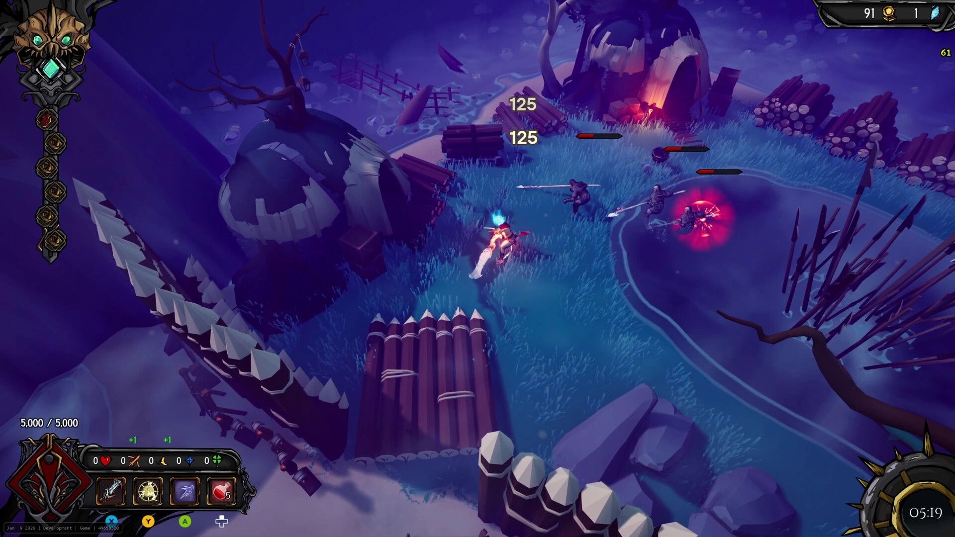 Clockfall: Hero slashes at three spear enemies by a glowing hut, with health bars and timer UI visible.