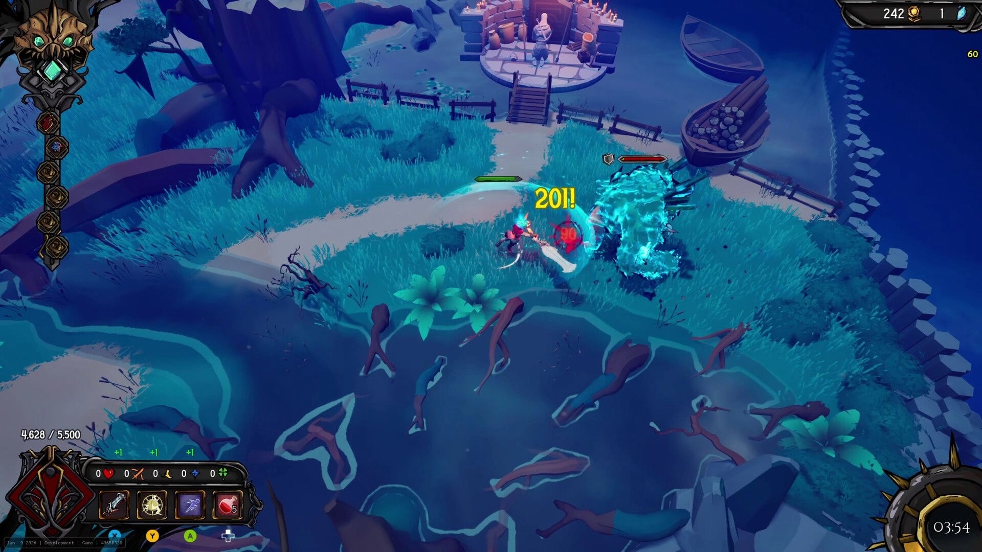 Clockfall: Player slashes a blue spiked monster by a river dock, damage numbers and hotbar visible.