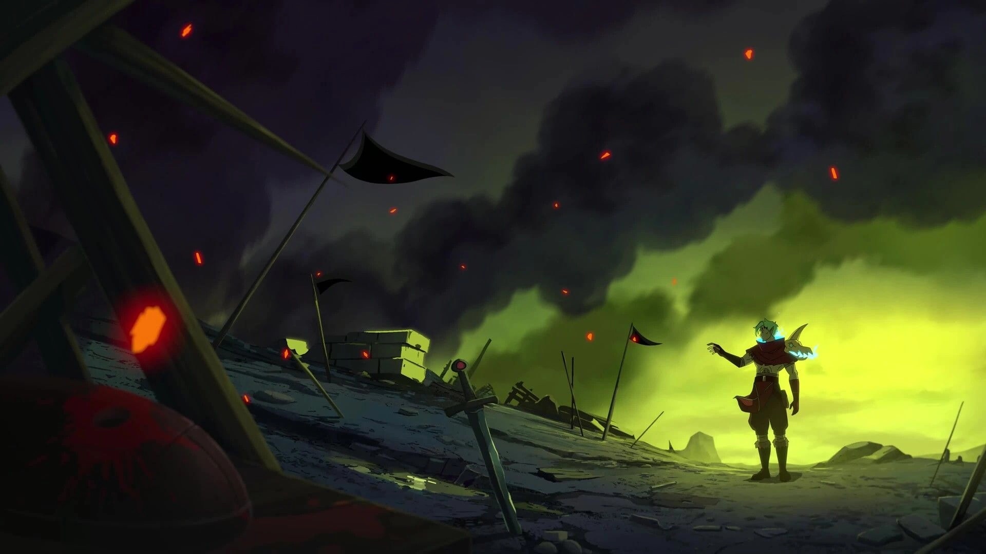 Clockfall: Lone hero silhouette amid broken swords and flags in a smoky, ember-lit battlefield sky.