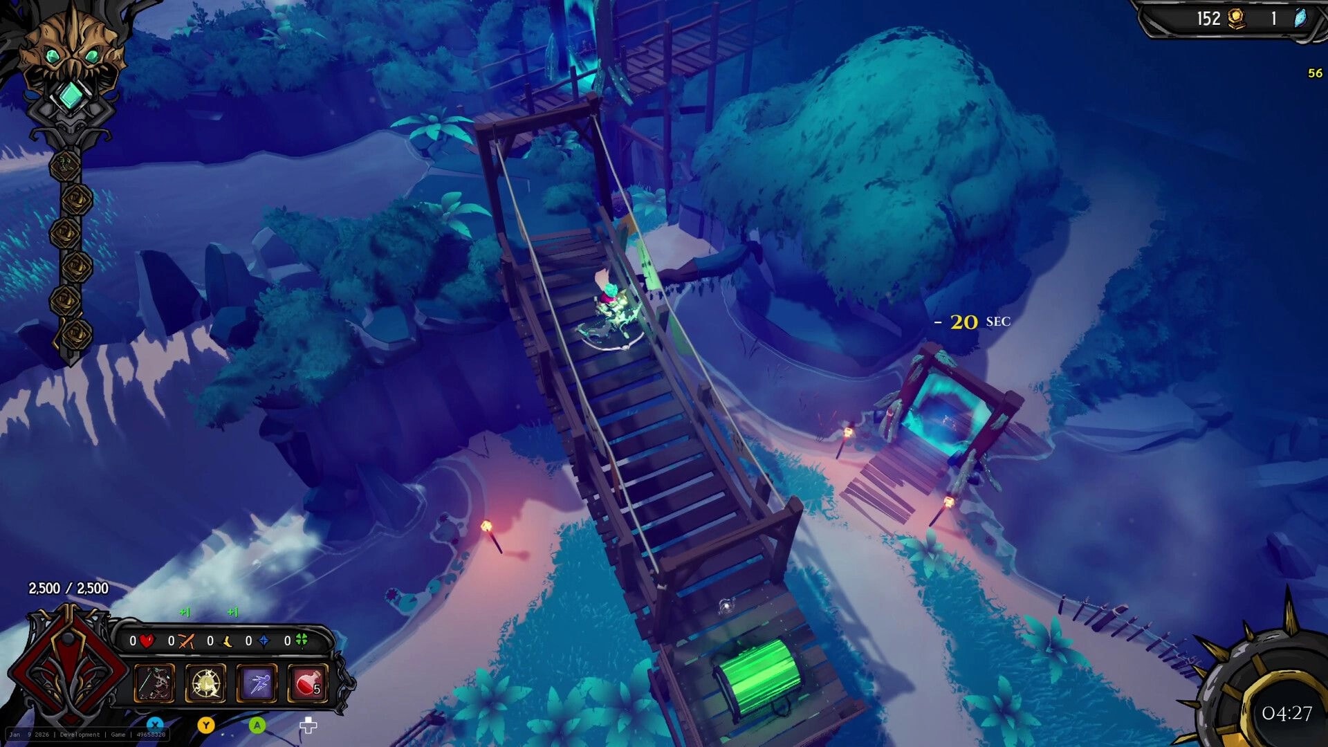 Clockfall: Hero crosses a rope bridge toward a glowing portal in a moonlit jungle with HUD timers.