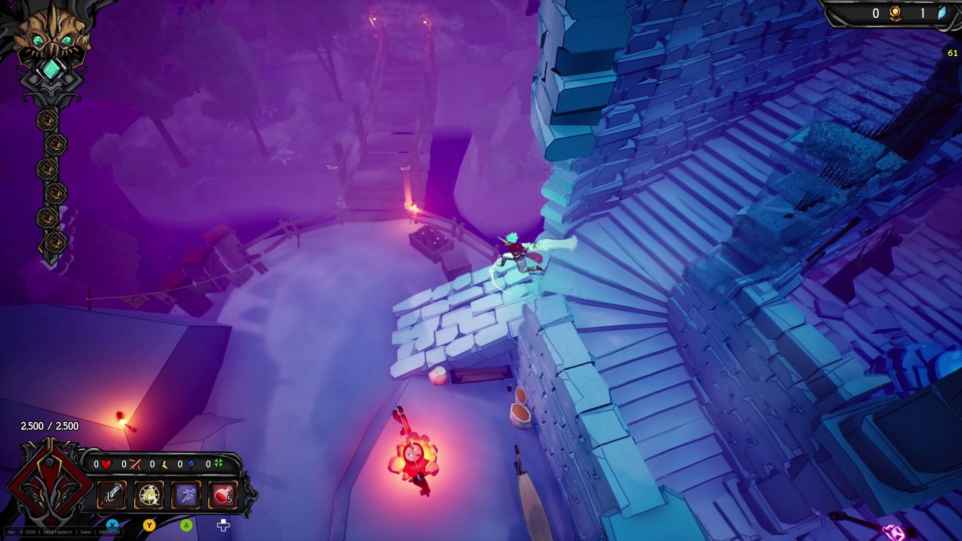 Clockfall: Hero stands on a crumbling stone wall above a torchlit bridge in purple fog ruins.