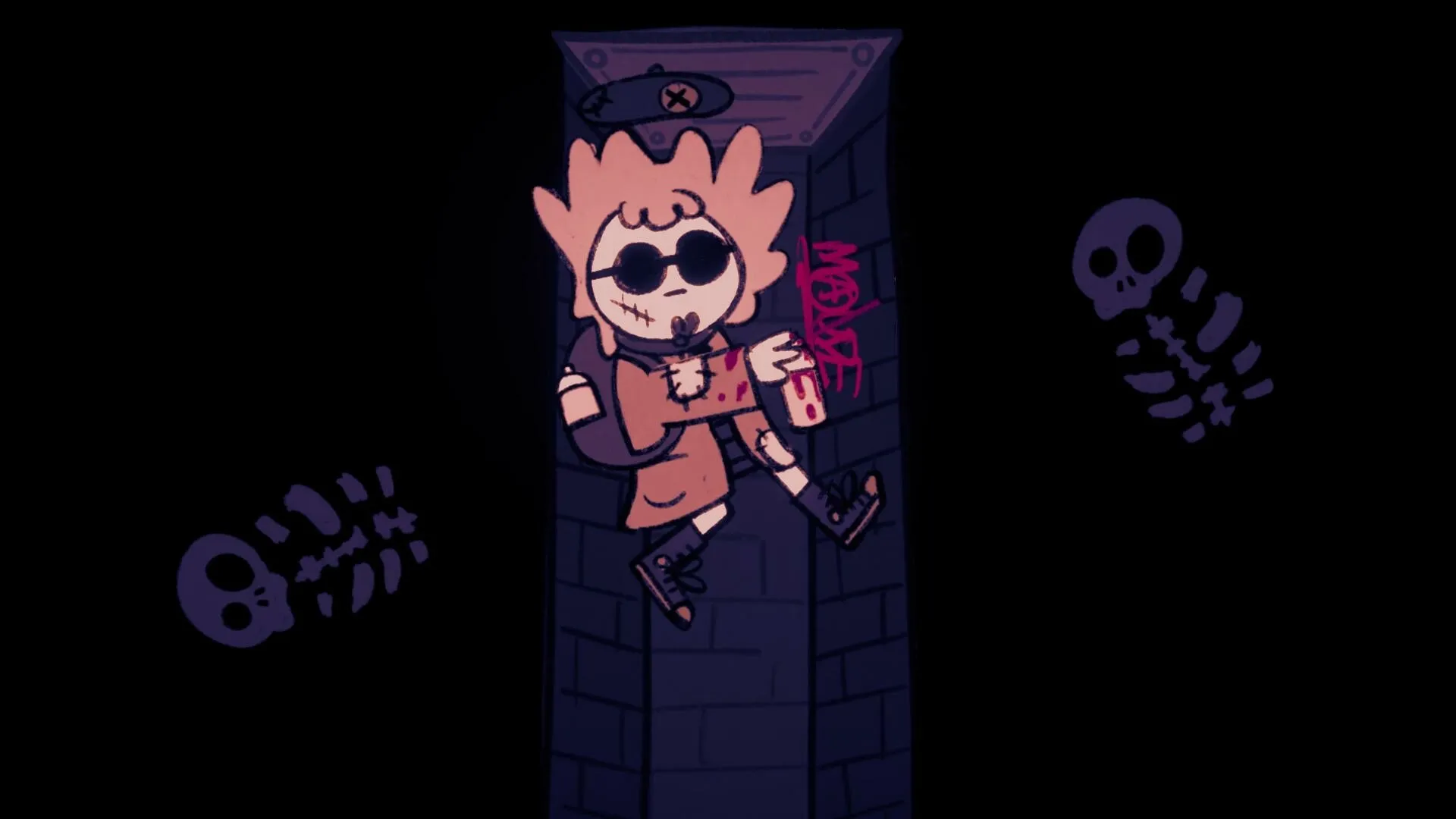Club Soko: Character with sunglasses and backpack in a dark corridor with graffiti and skull art.