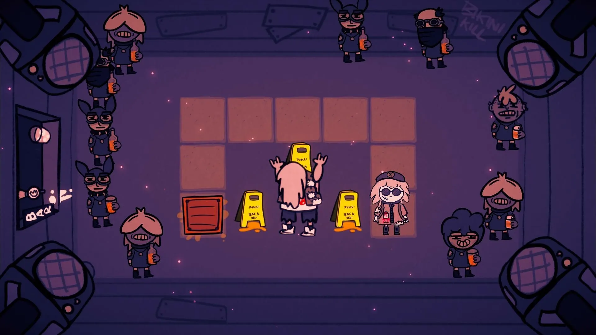 Club Soko: Character pushing caution signs in a club puzzle room with onlookers holding drinks