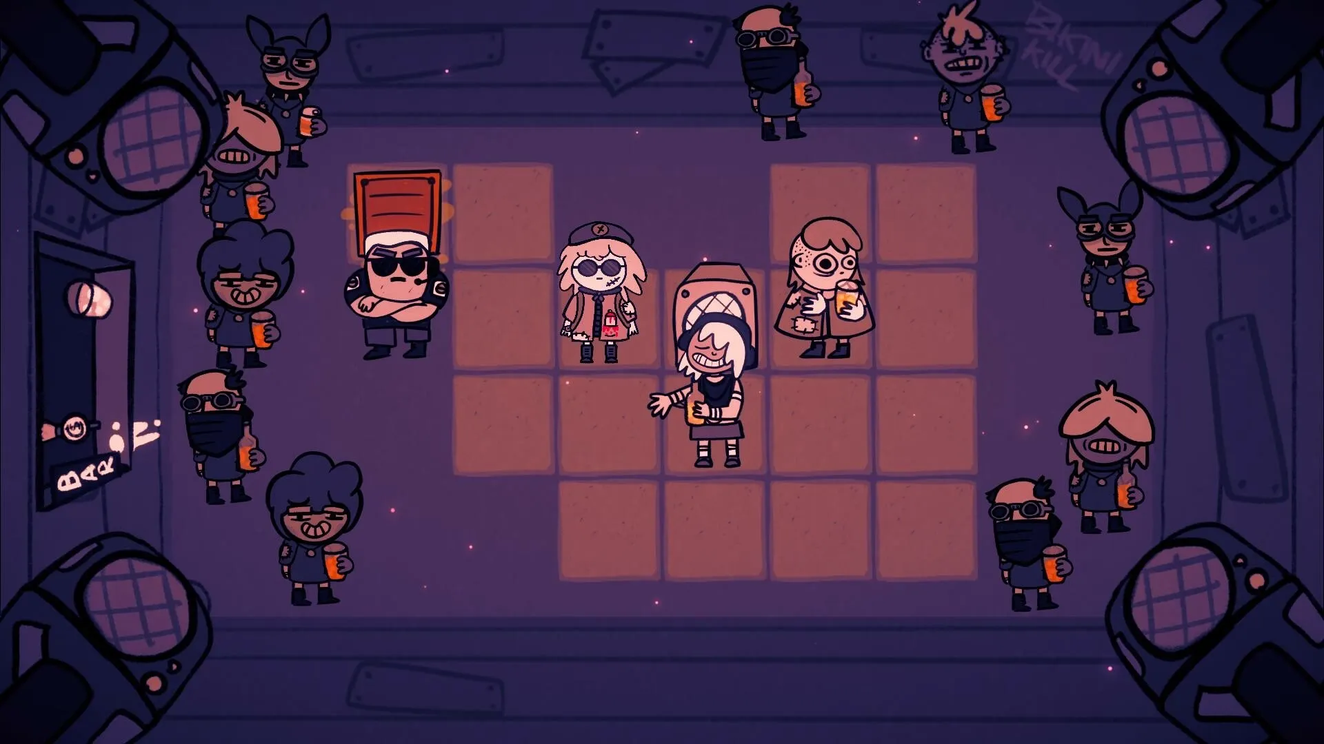 Club Soko: Characters with drinks navigate grid tiles in a dimly lit nightclub room with security.