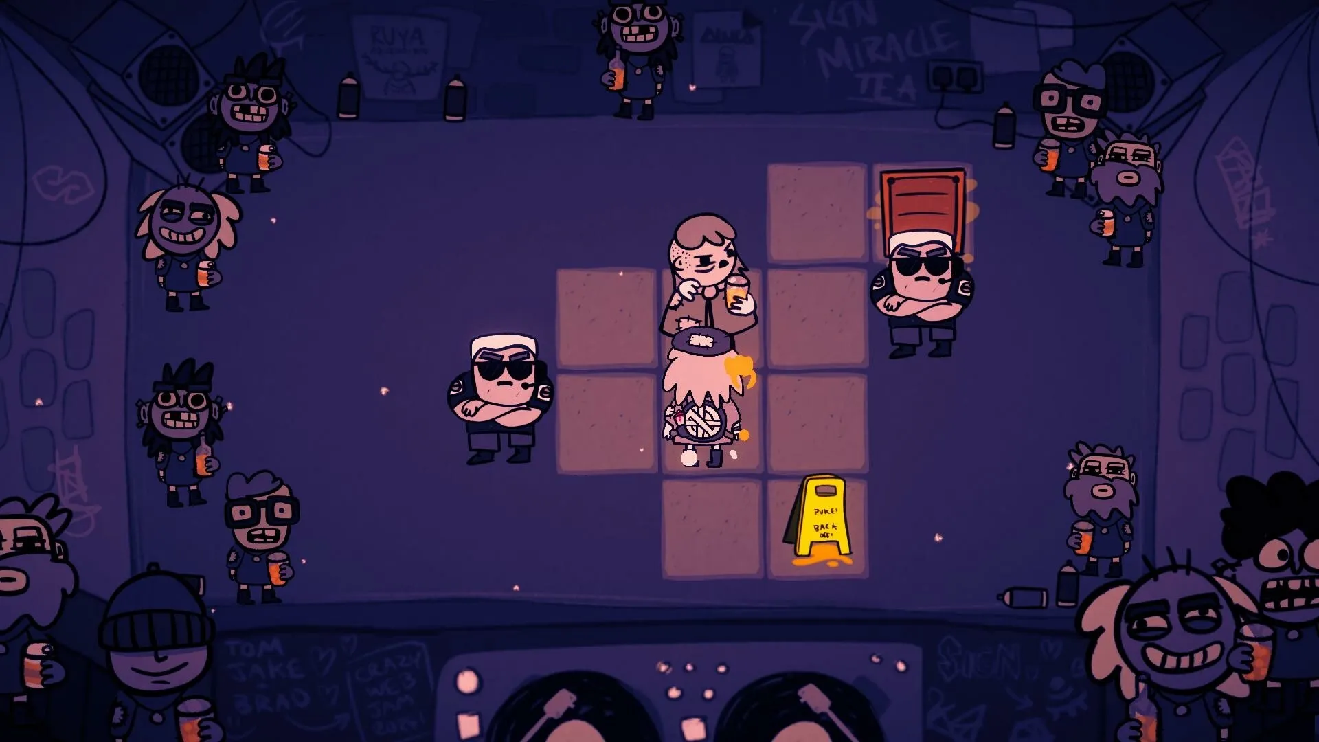 Club Soko: Player navigates sokoban puzzle with bouncers in nightclub setting, caution sign visible.