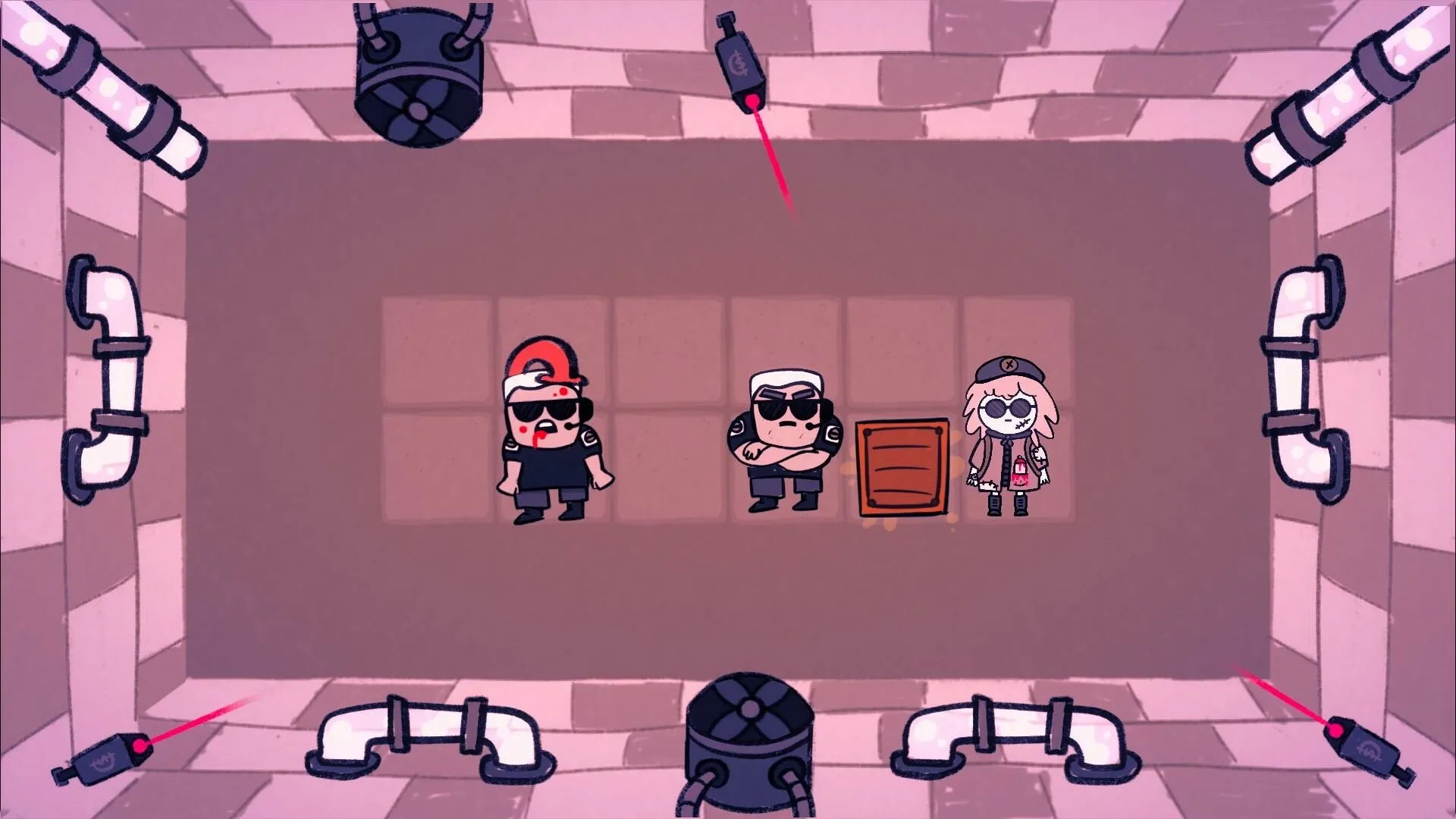 Club Soko: Characters in a tiled room with security cameras and a wooden crate in nightclub setting