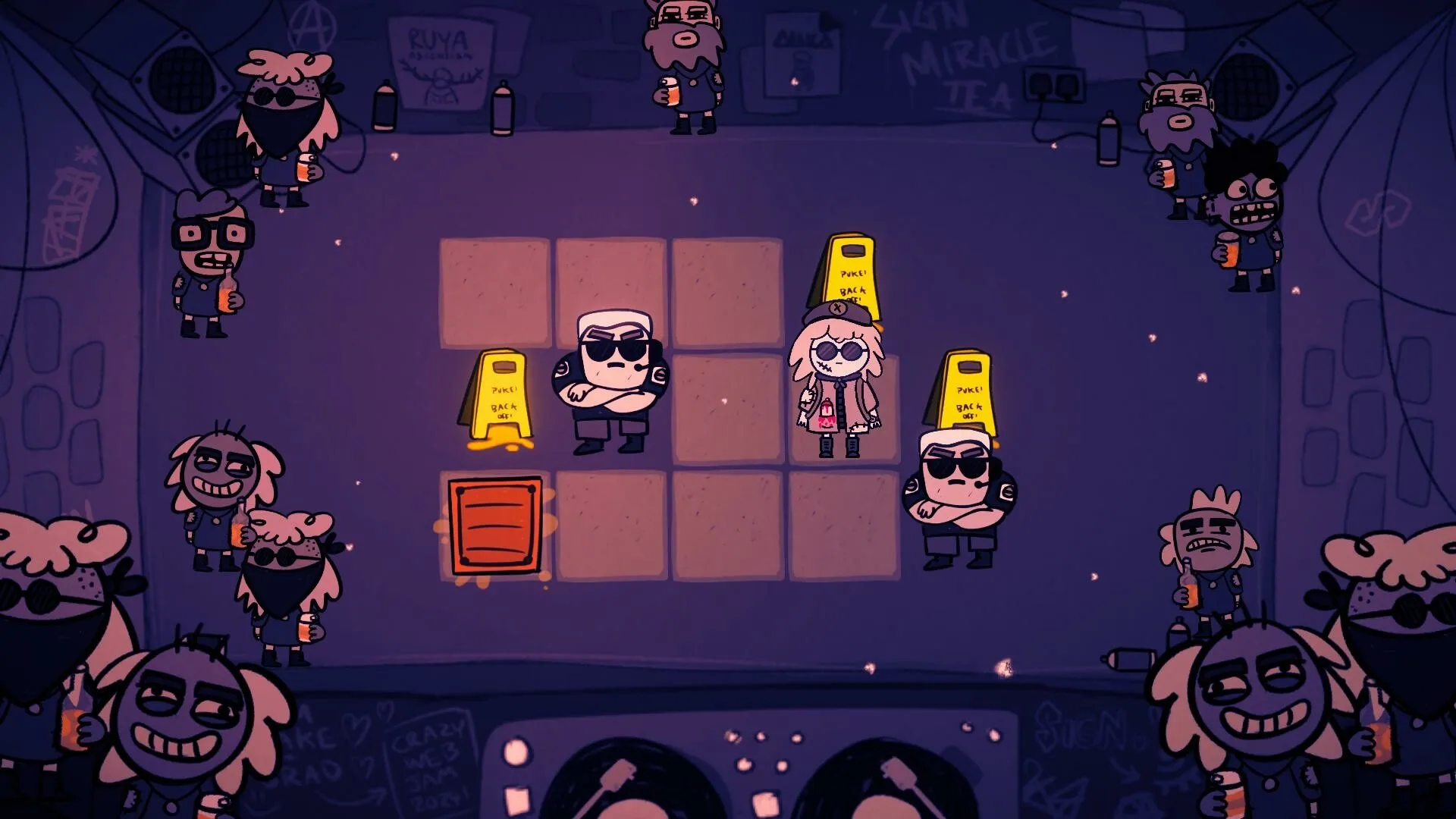Club Soko: Characters navigate a grid-based puzzle in a dimly lit nightclub environment