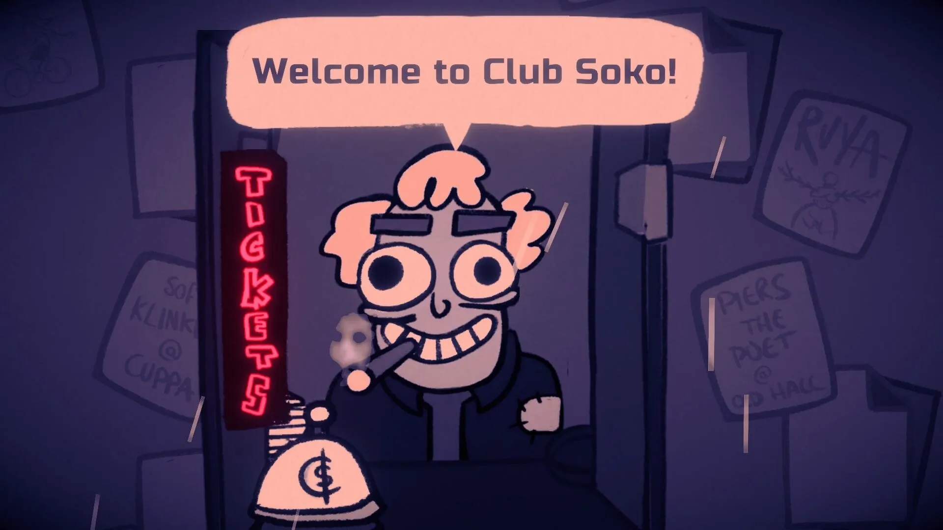Club Soko: Ticket booth with smiling character and neon sign in nightclub entrance