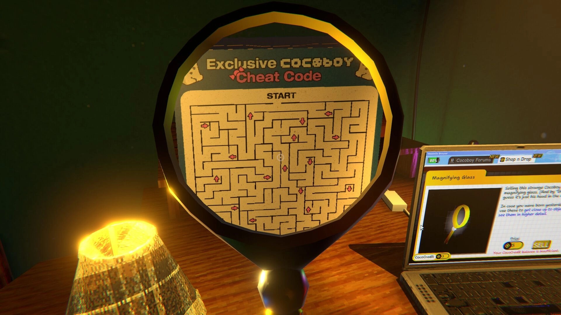COCOBOY: Magnifying glass zooms on "Exclusive COCOBOY Cheat Code" maze beside laptop shop page in room.