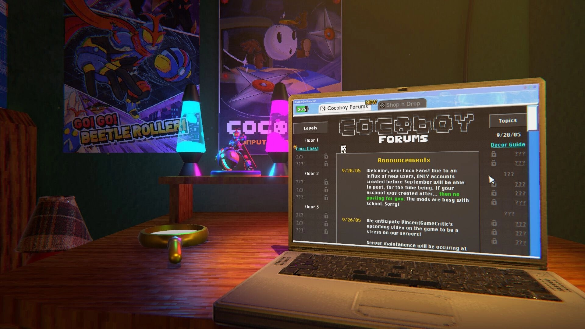 COCOBOY: Laptop open to Cocoboy Forums announcements page on a bedroom desk with posters and lava lamps.