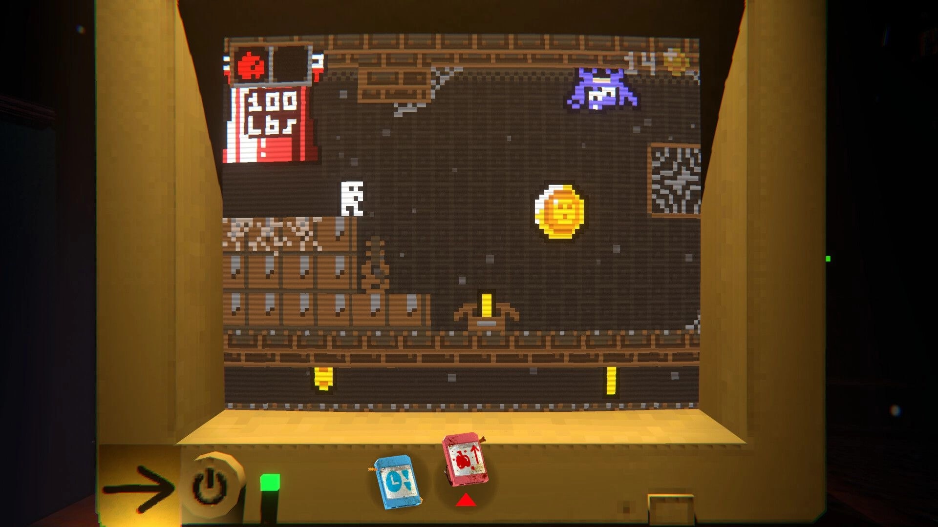 COCOBOY: White pixel hero on wooden platforms near a coin and purple enemy in retro CRT screen.