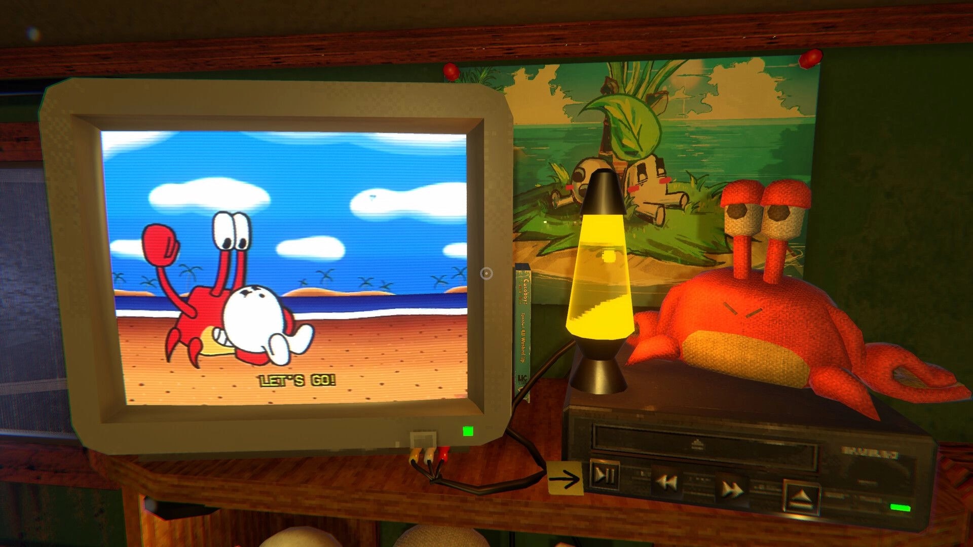 COCOBOY: CRT TV plays a crab cartoon saying “LET’S GO!” beside lava lamp and plush crab on VHS deck.