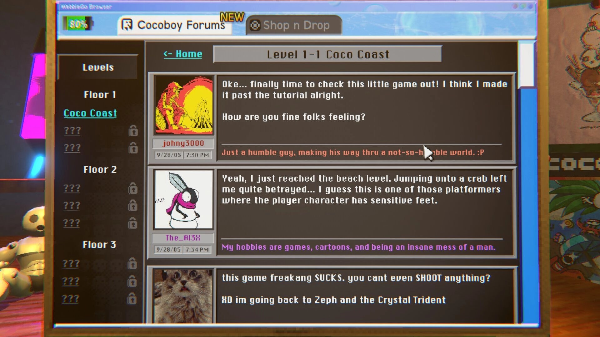 COCOBOY: Cocoboy Forums thread for Level 1-1 Coco Coast with user posts and level list sidebar.