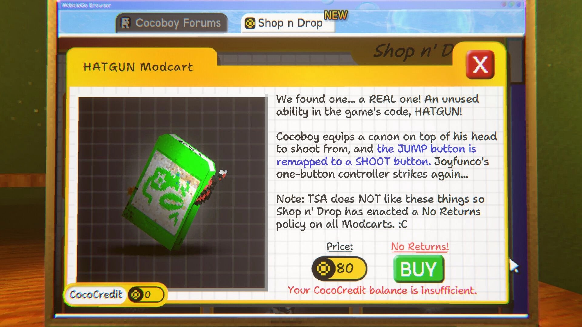 COCOBOY: Shop n Drop item page for HATGUN Modcart with price 80, BUY button, and 0 credits balance.