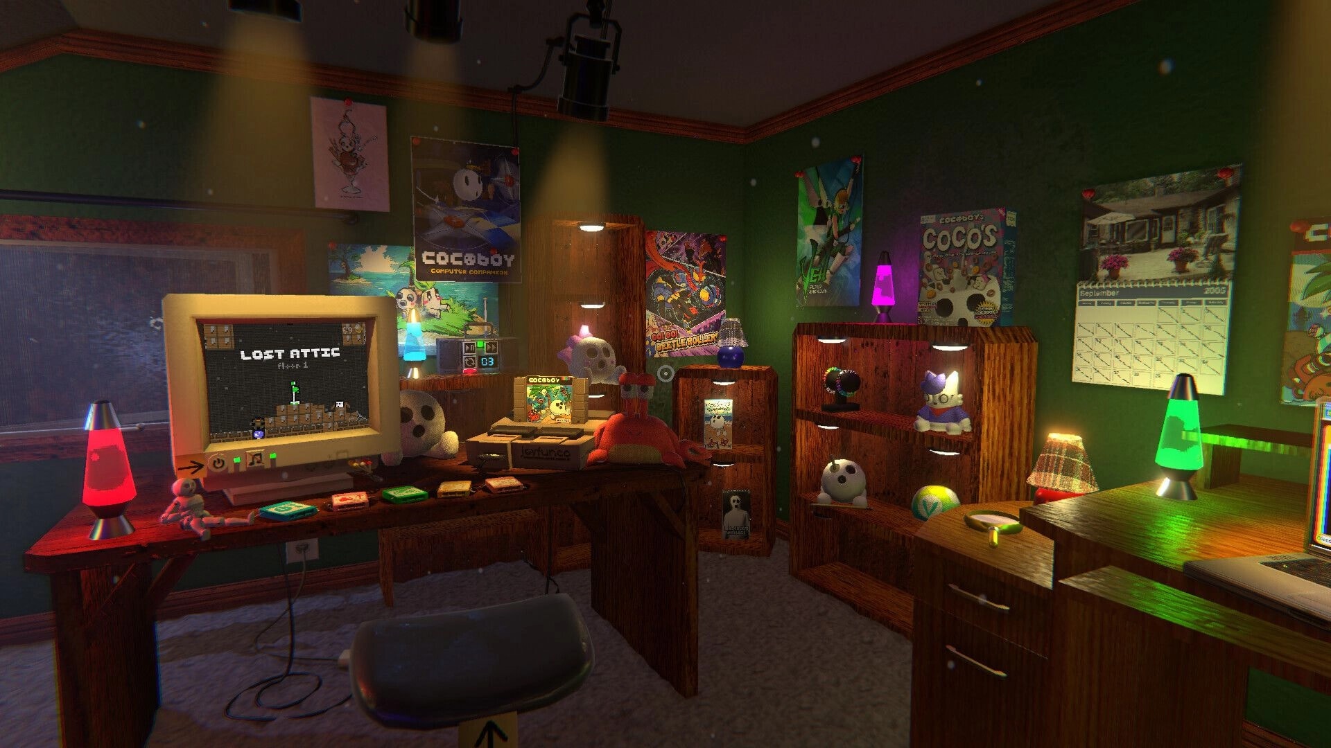 COCOBOY: Bedroom hub with CRT running “LOST ATTIC” level, lava lamps, posters, and drawers of toys.