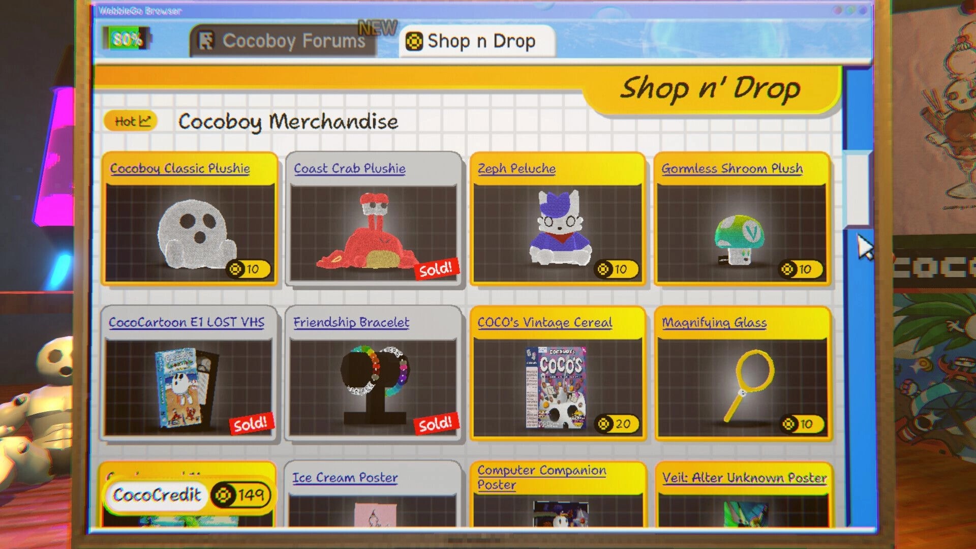 COCOBOY: Shop n Drop merchandise browser listing plushies, VHS, cereal and magnifying glass with prices.