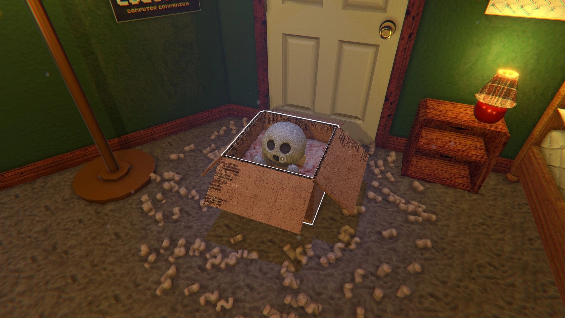 COCOBOY: Small doll with big eyes sits in an open cardboard box on a carpeted bedroom floor.
