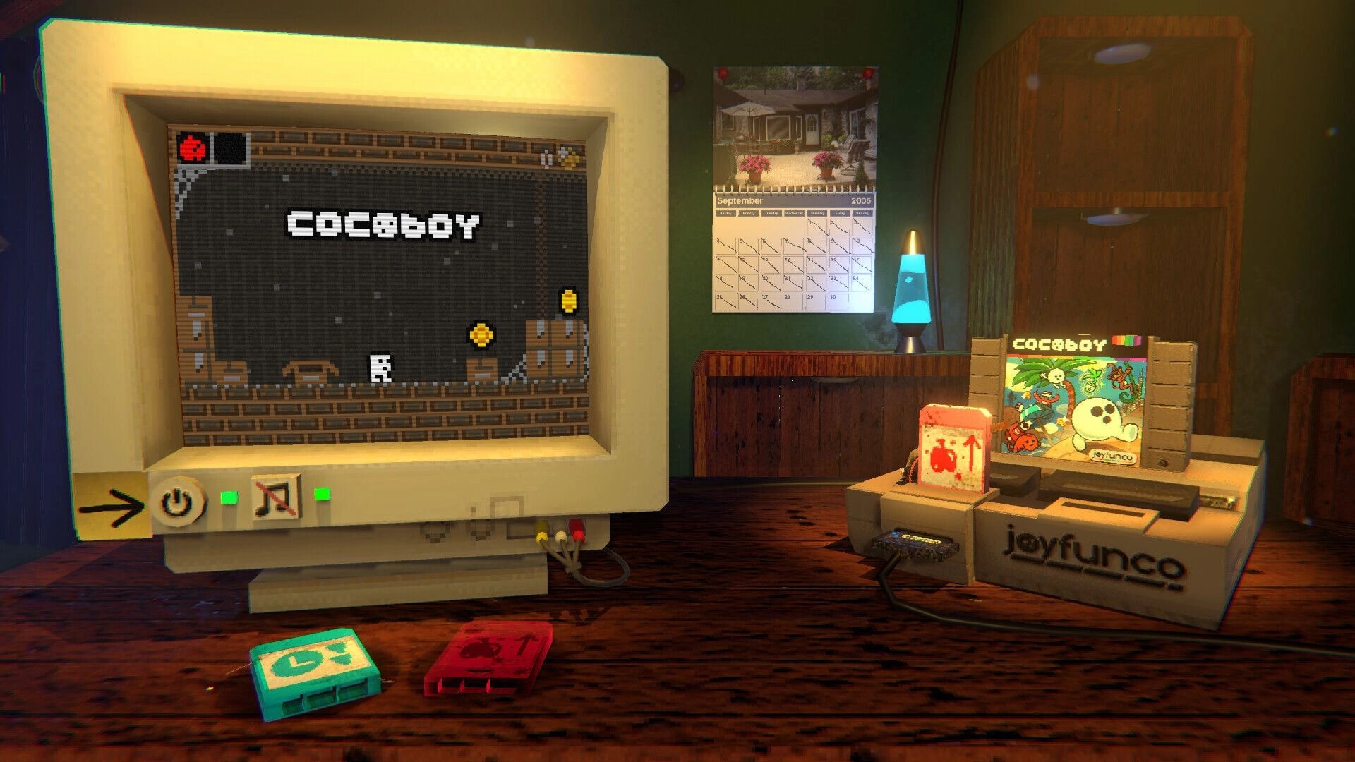COCOBOY: Pixel platformer running on a CRT monitor beside a retro console in a cozy bedroom setup.