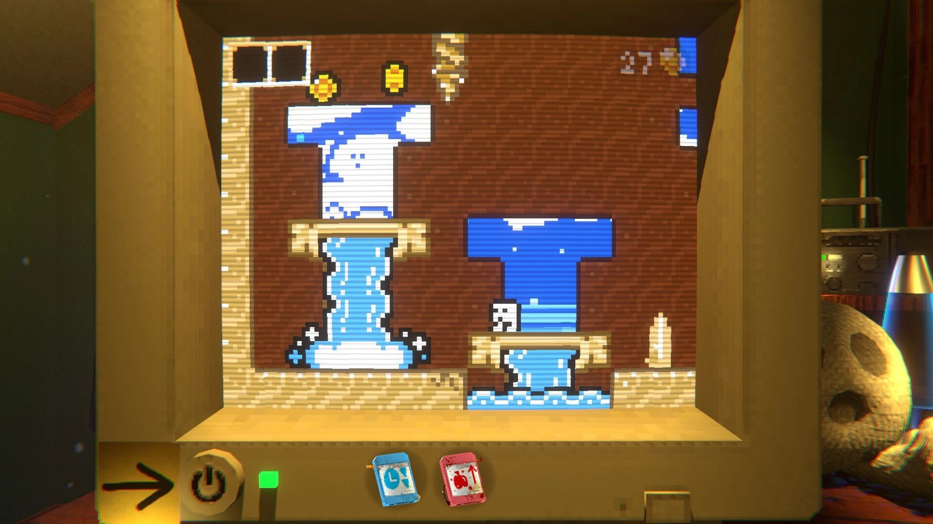 COCOBOY: Pixel platform puzzle with waterfalls and coins on CRT screen, pause and item icons below.