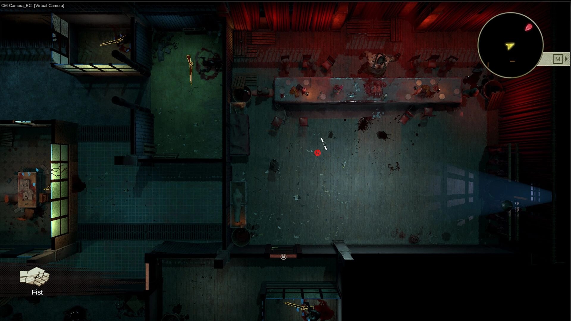 Cohen 1939: Top-down nightclub bar brawl scene with minimap, bloodstains, and fist icon HUD.