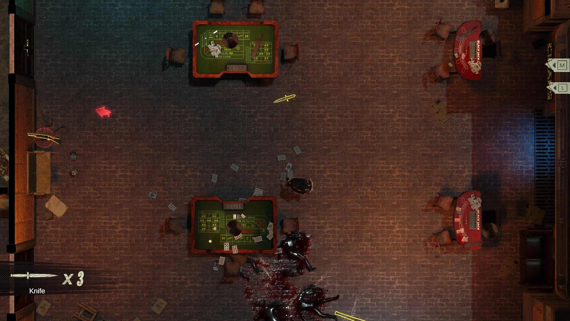 Cohen 1939: Top-down casino firefight with bloodied bodies by card tables, knife x3 HUD on floor.