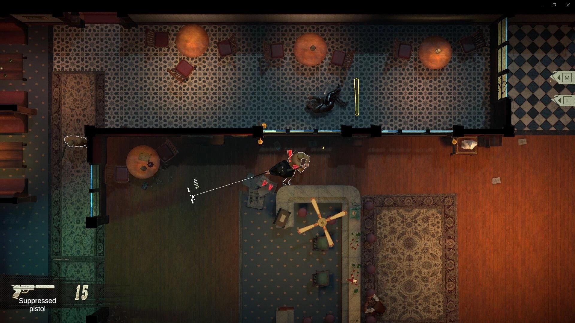 Cohen 1939: Top-down gunfight in a lounge, aiming line on enemy; suppressed pistol ammo 15 HUD.