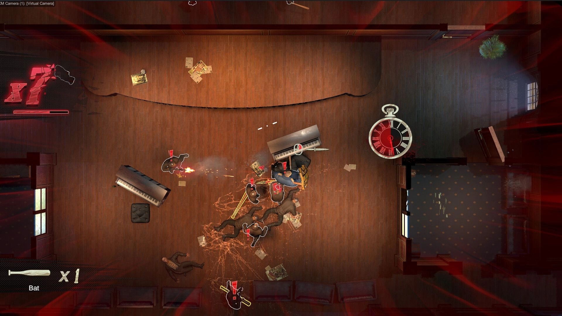 Cohen 1939: Top-down shootout in a wooden hall with pianos, enemies marked red, bat UI and timer icon.