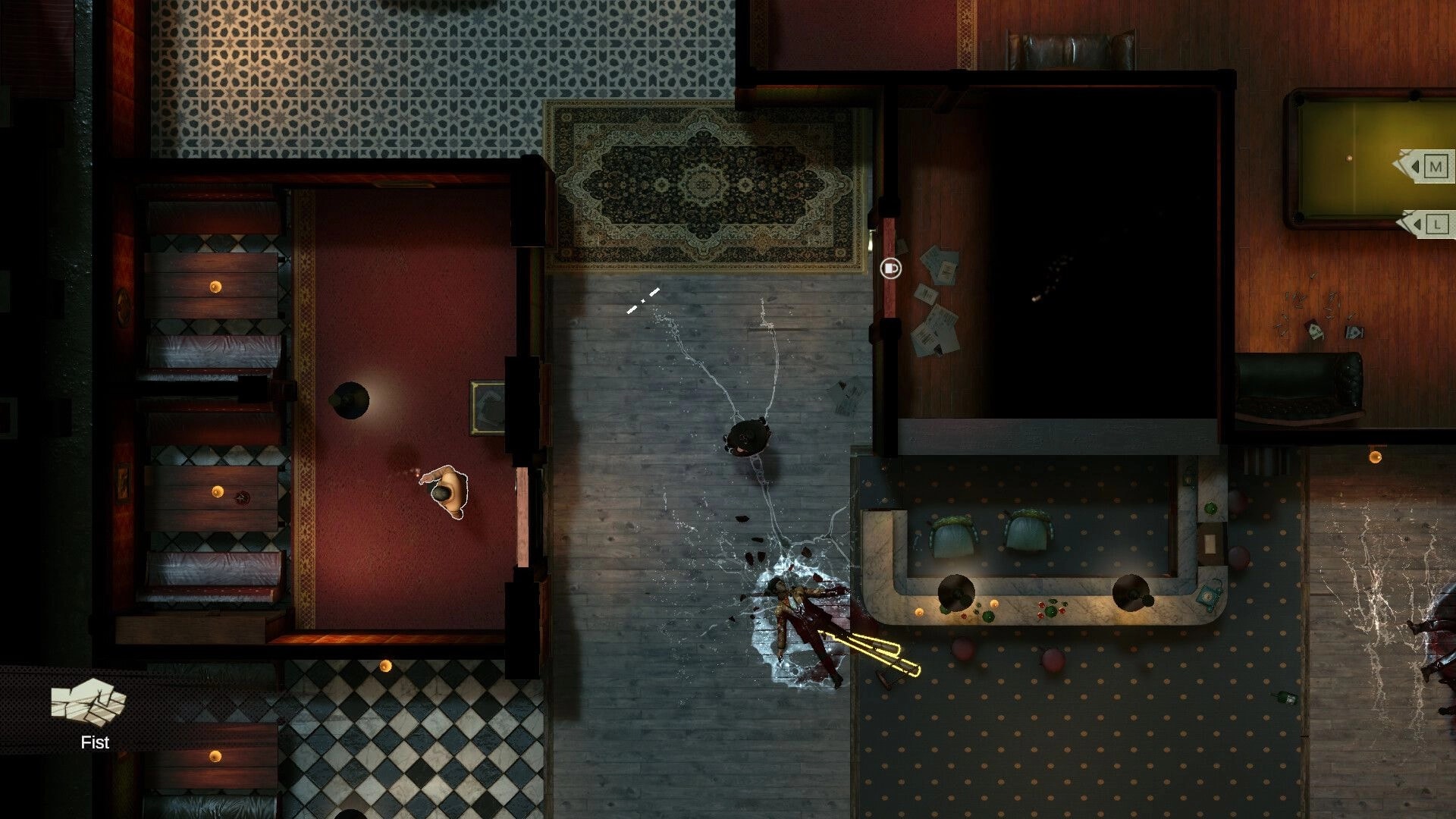 Cohen 1939: Top-down brawl in a hotel lounge, shattered glass and a body, Fist UI equipped.