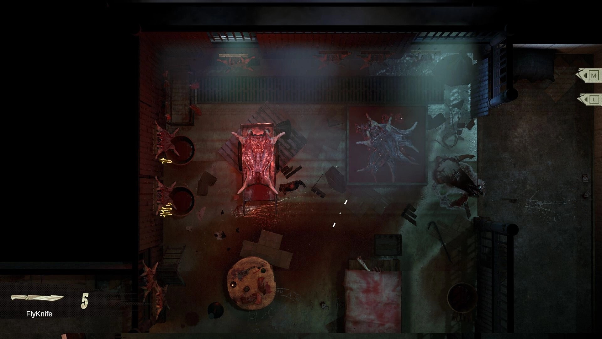 Cohen 1939: Top-down room with bloody creatures and debris, FlyKnife ammo UI and map prompts visible.