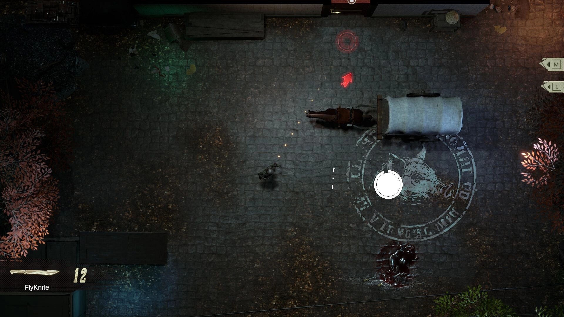 Cohen 1939: Top-down shootout on cobblestone street by cart, flyknife ammo UI and bloodstain.