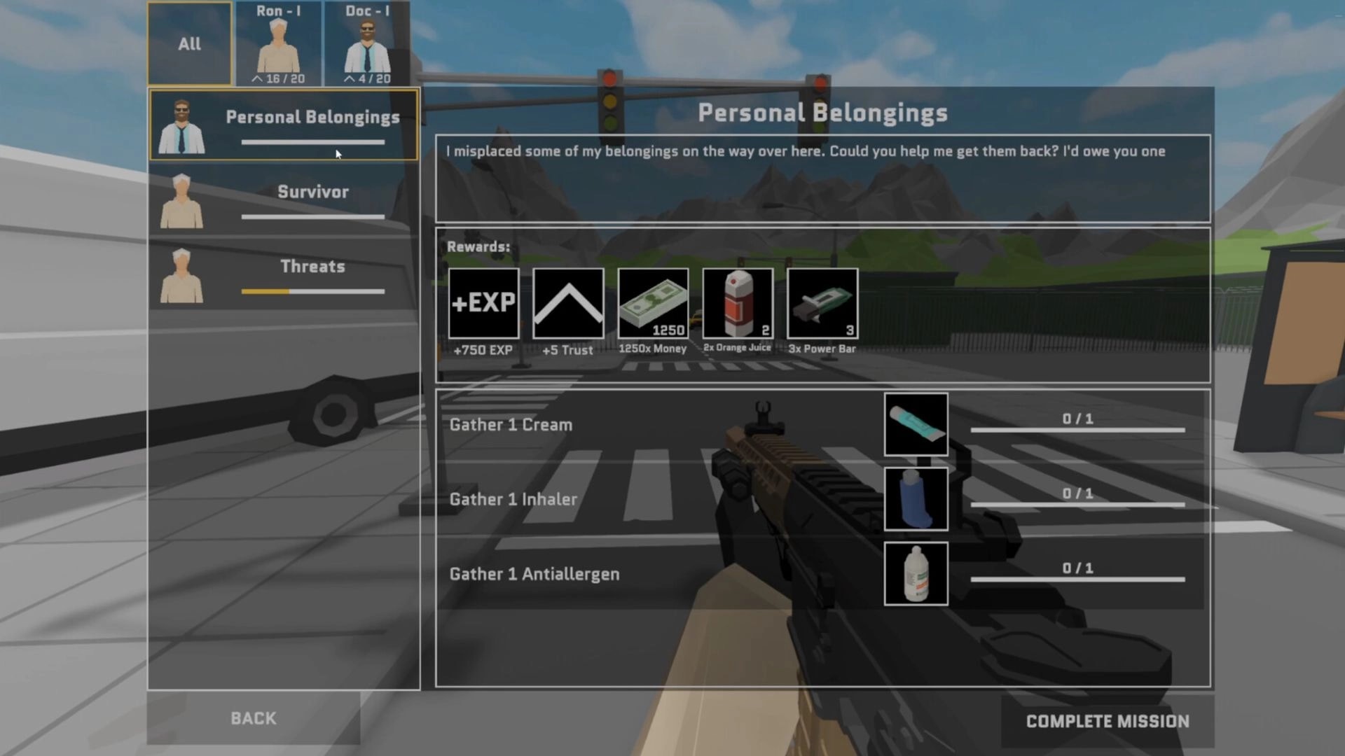 Cold Sweat: Mission menu showing rewards and objectives in a street setting with firearm ready
