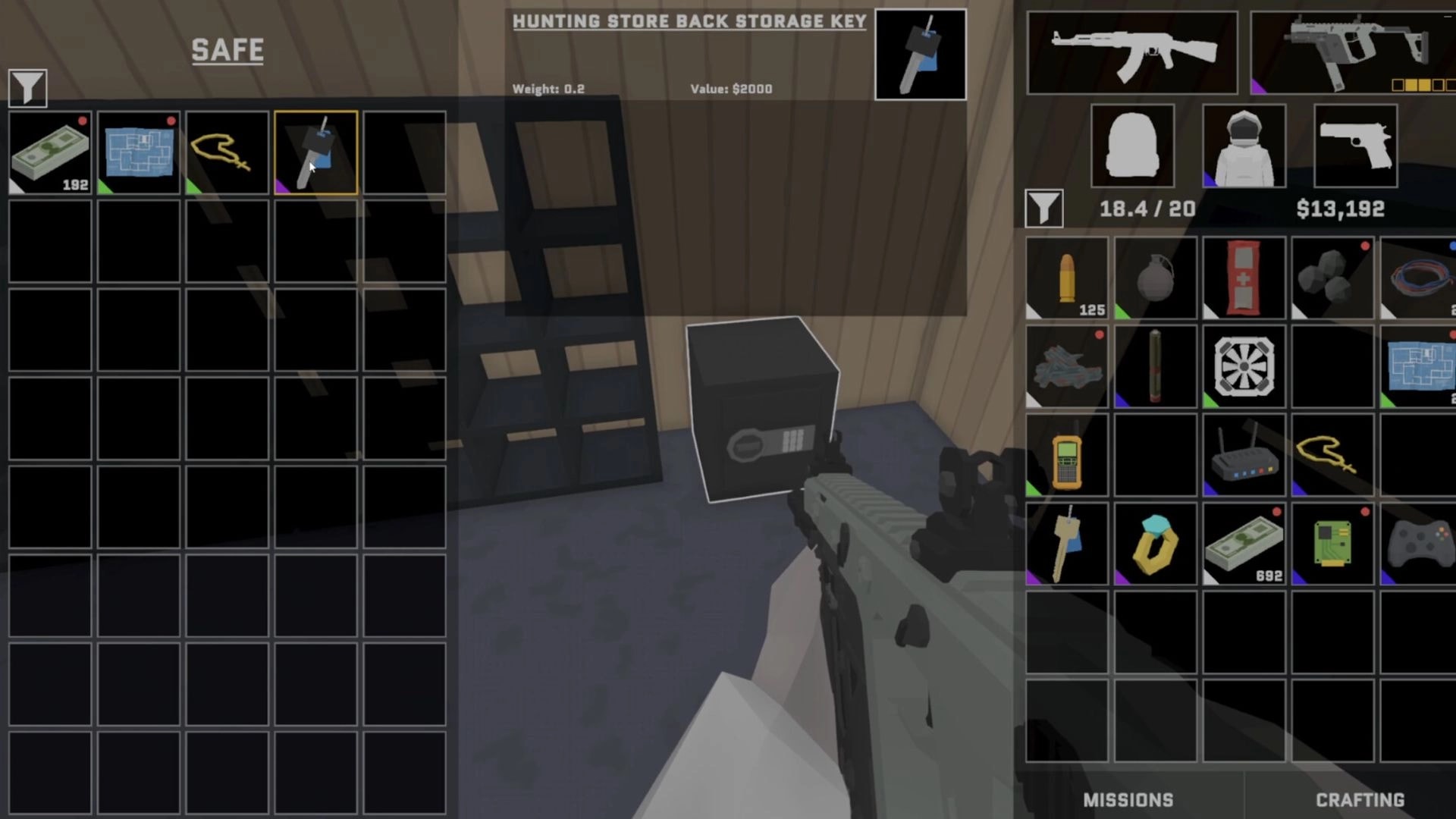 Cold Sweat: Player loots items from a safe in a wooden room, inventory and equipped weapons visible.