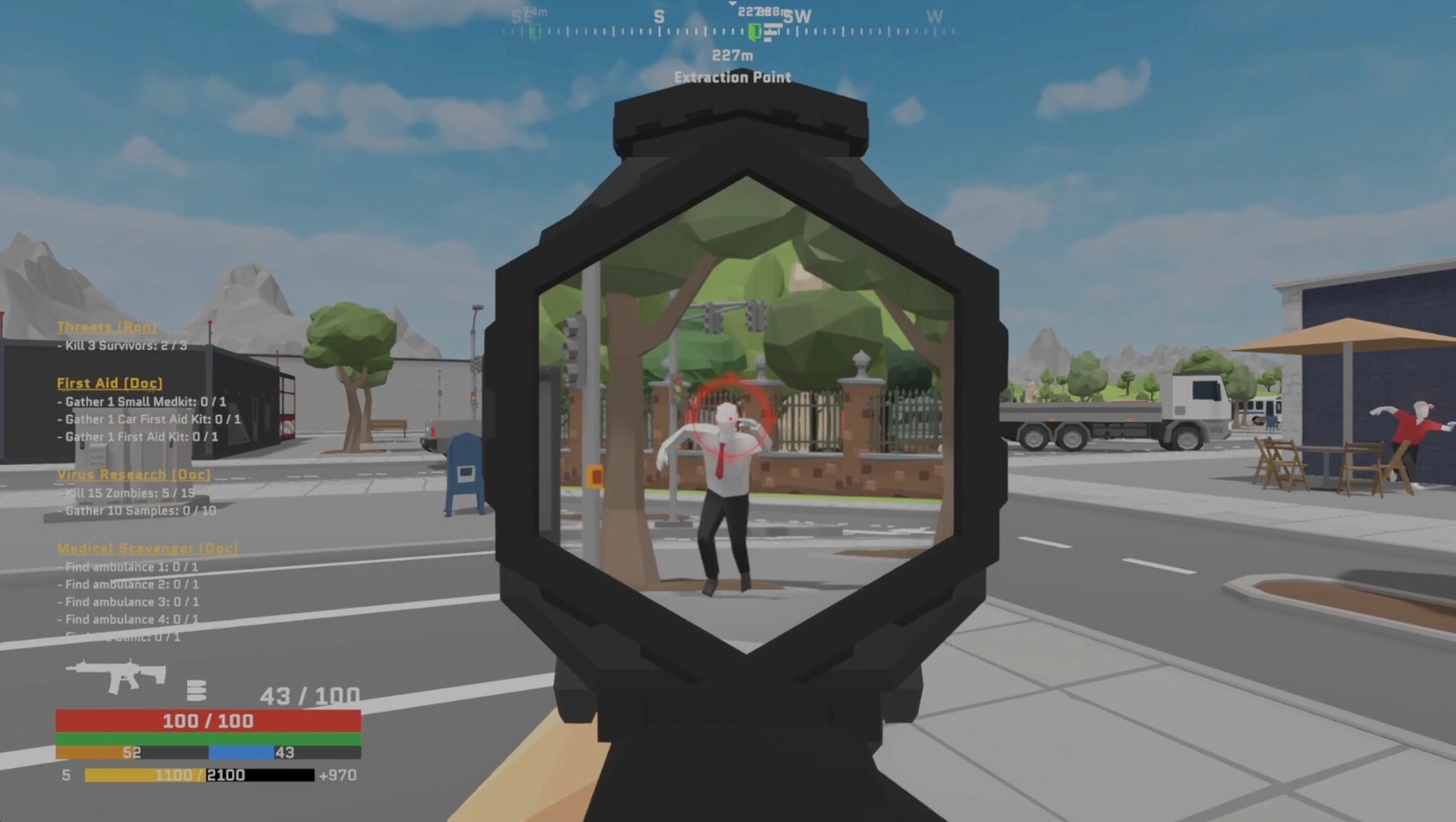 Cold Sweat: Aiming at zombie with red crosshair in urban street, mission objectives visible on left