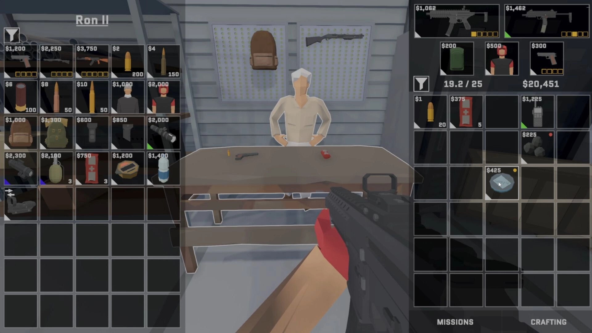 Cold Sweat: Trading interface with character behind counter and inventory items displayed in safehouse