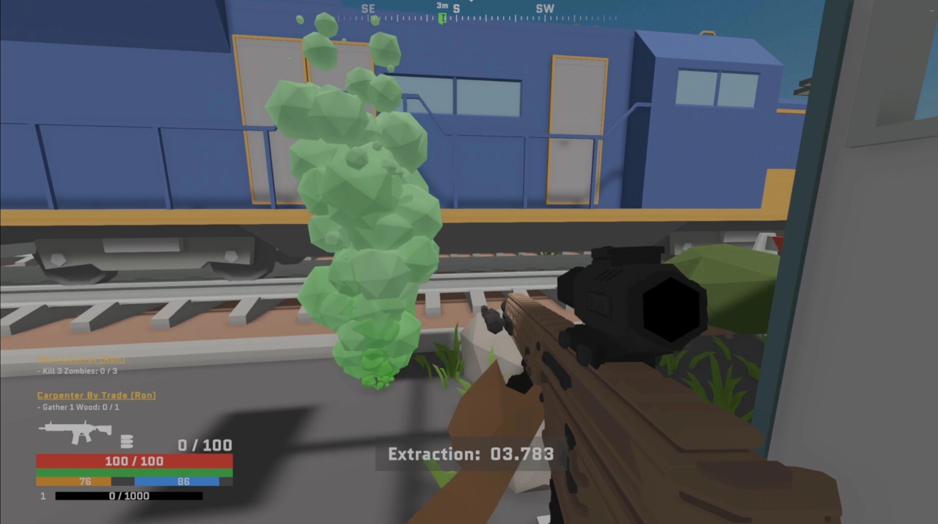 Cold Sweat: Player aims rifle near train tracks with green smoke, mission objectives displayed on HUD.