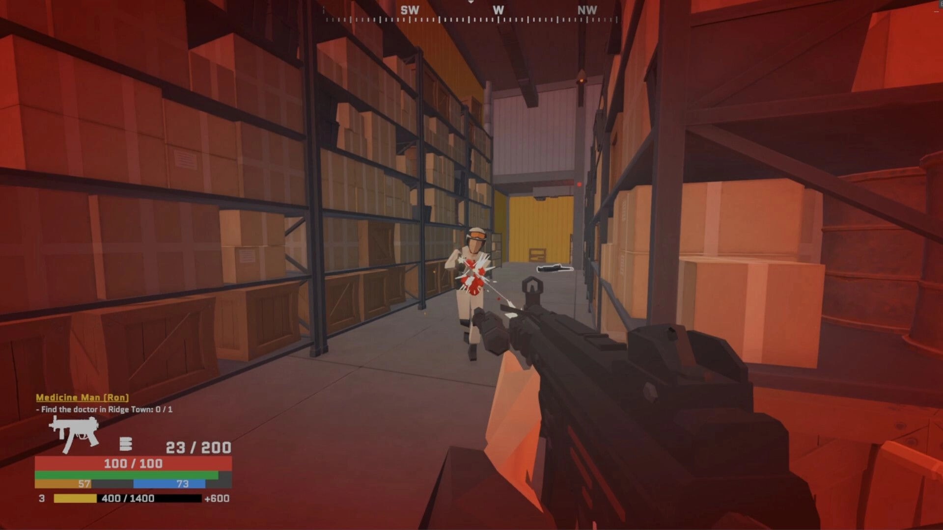 Cold Sweat: First-person gunfight in a warehouse, player targets enemy amidst stacked crates and barrels