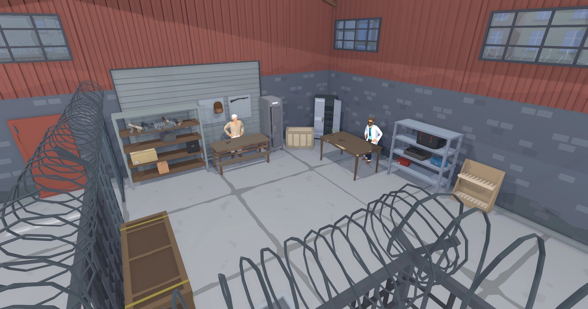 Cold Sweat: Two characters sitting at tables inside a fortified warehouse with tools and supplies