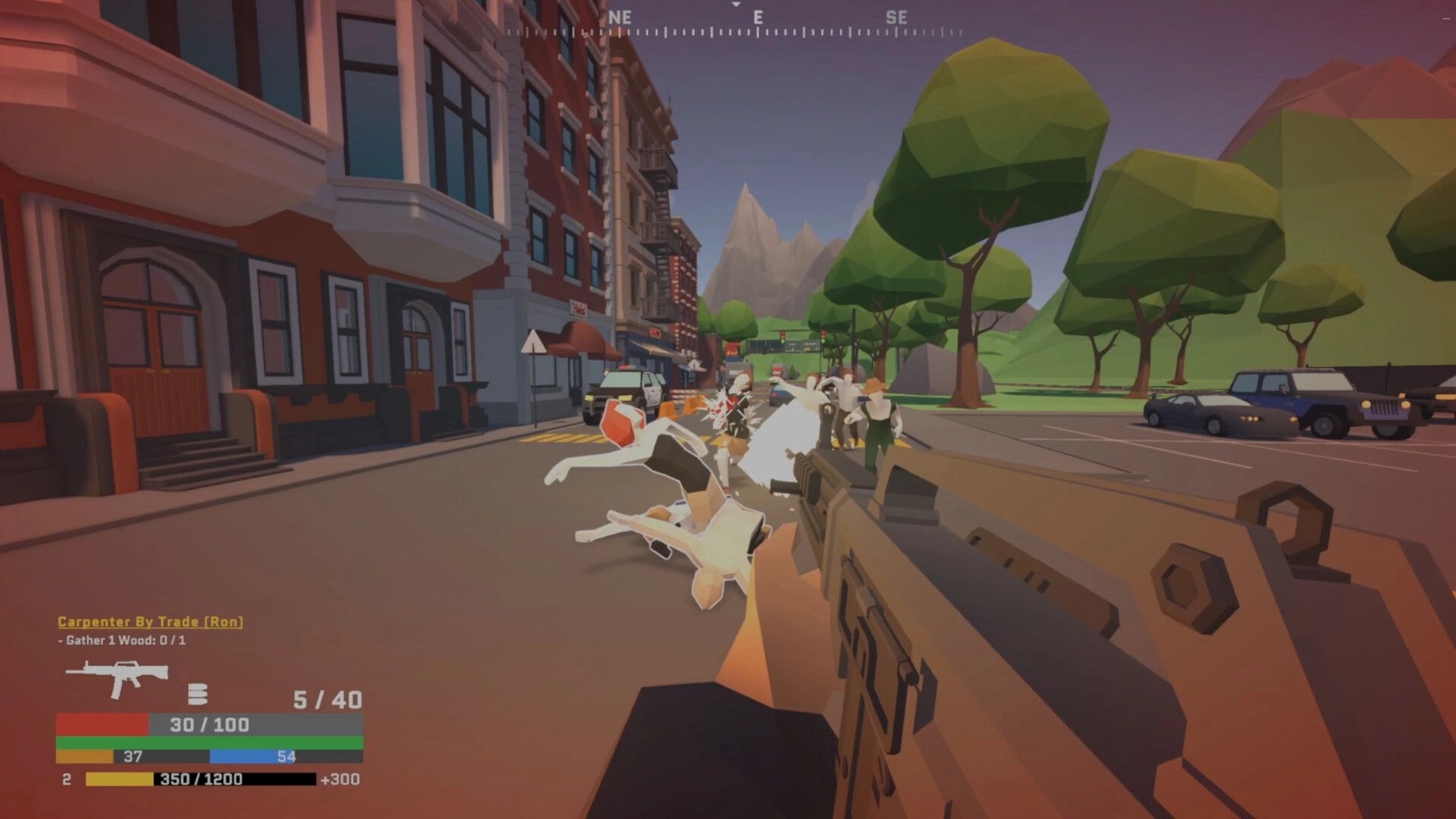 Cold Sweat: First-person firefight with zombies in urban street, health and ammo UI visible