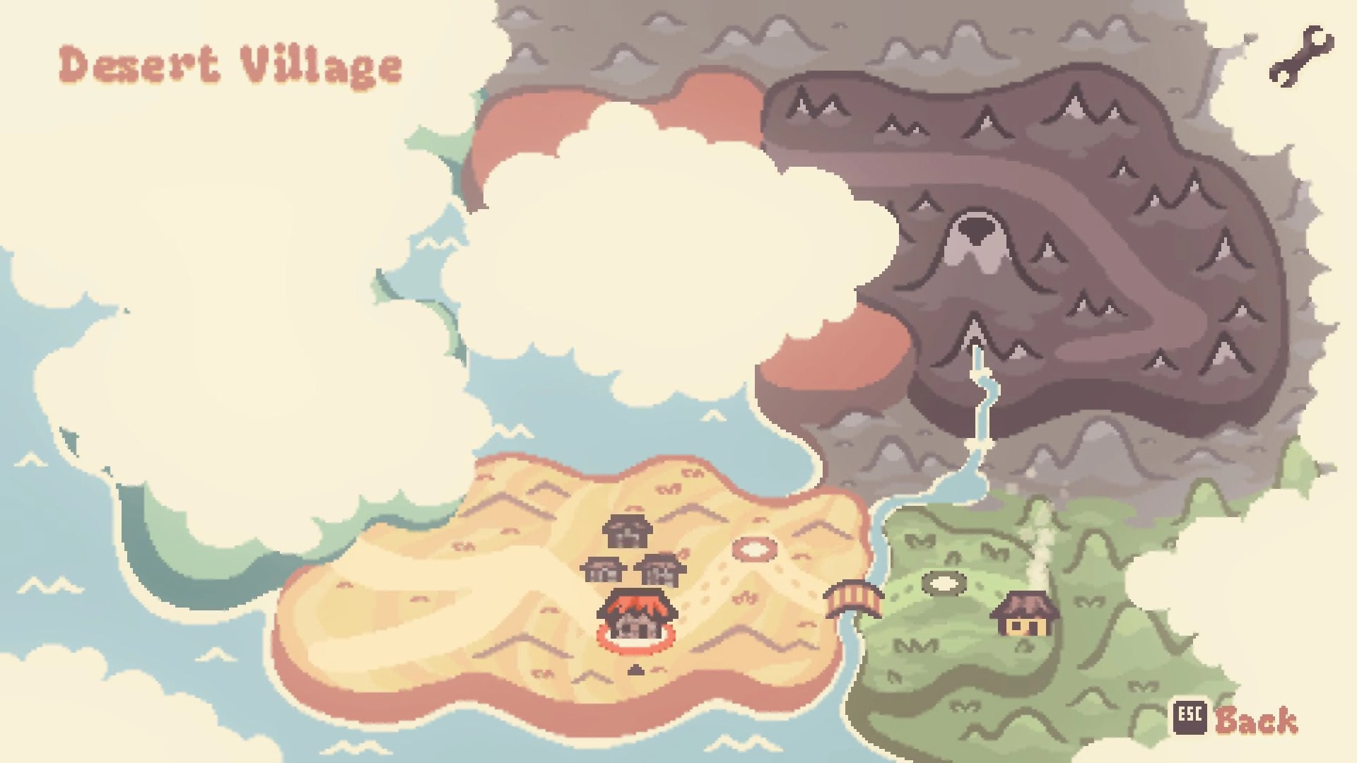 Colorbound: Overhead map view showing Desert Village with paths, mountains, and a selection option