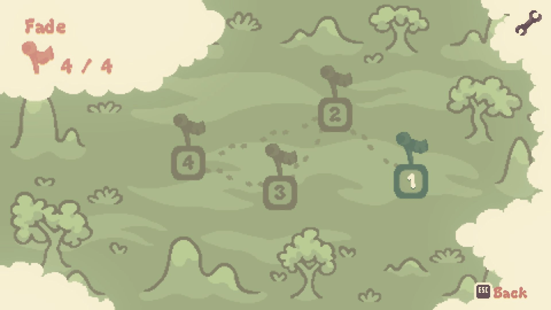 Colorbound: Level selection map with numbered flags in a forest setting and a "Fade" UI display