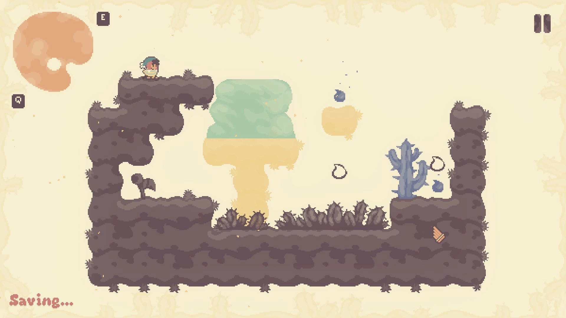 Colorbound: Anku stands on rocky platform with color-changing elements and floating icons in cavern.