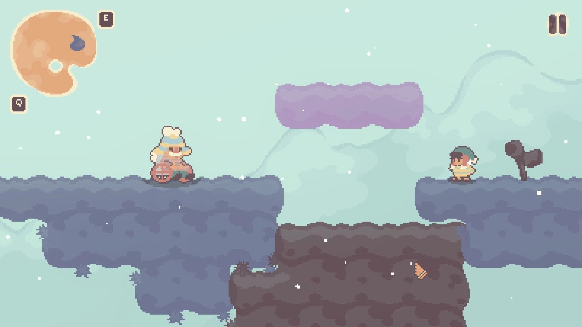 Colorbound: Anku stands on a blue platform with UI elements visible in a pastel platforming world