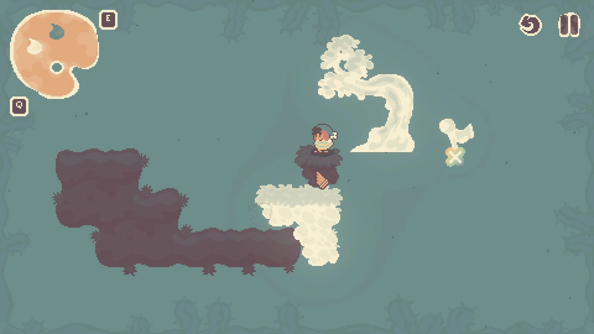 Colorbound: Anku balances on cloud platforms in a serene sky, with palette and control hints visible