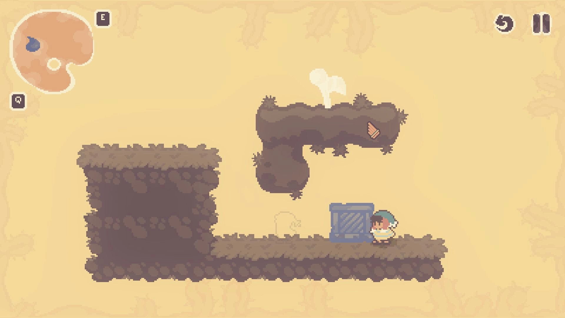 Colorbound: Anku stands on a platform with a glowing shape, amidst a rocky, pastel-hued landscape.