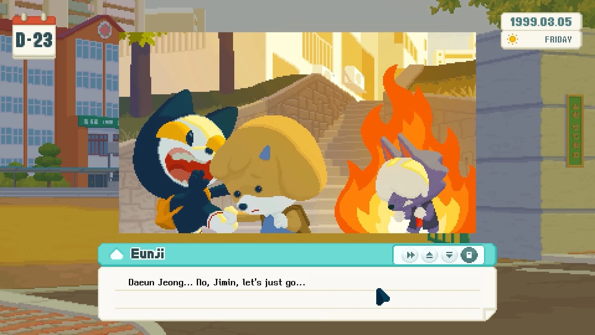 Come to my party!: Dialogue scene with chibi students arguing by school steps, one on fire UI day 23.